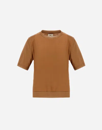 Herno T-shirt In Glam Knit Effect And Satin In Camel
