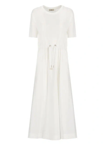 Herno Long White Dress With Branded Drawstring In Cotton Blend Woman