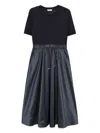 Herno Blue Crewneck Midi Dress With Elastic Drawstring Waist And Panelled Design In Blue