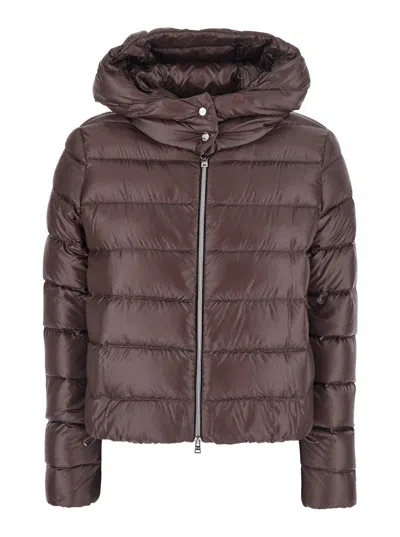 Herno Tech Fabric Short Down Jacket With Hood And Back Metal Plate In Brown