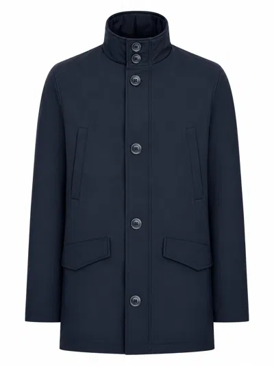 Herno Technical Fabric Coat With High Collar And Buttons In Blue