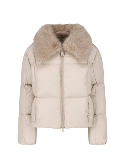 Herno Technical Fabric Padded Jacket With Faux Fur Collar In Neutral