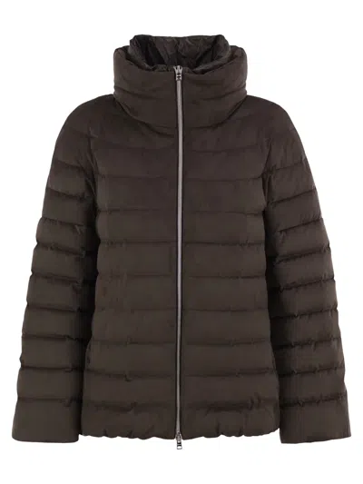 Herno Technical Suede-effect Down Jacket With Padded High Collar In Brown