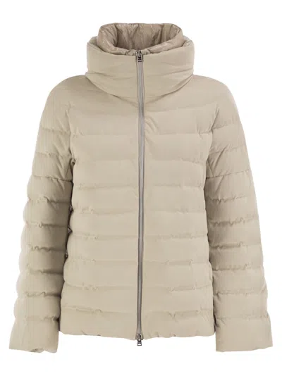 Herno Technical Suede-effect Down Jacket With Padded High Collar In Neutral
