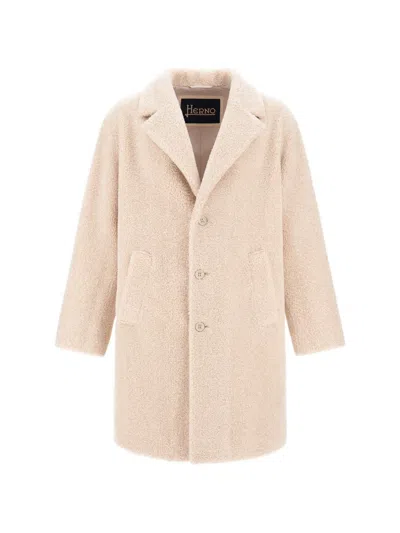 Herno Teddy-effect Single-breasted Coat In Neutral
