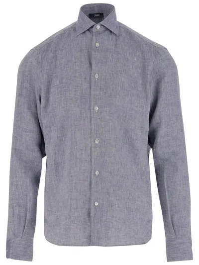 Herno Textured Grey Linen Shirt With Classic Collar