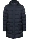 Herno Long Quilted Down Jacket With Hood And Flap Pockets In Blue
