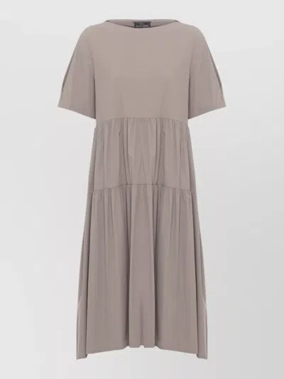 Herno Tiered Midi Dress Short Sleeves Round Neckline In Brown