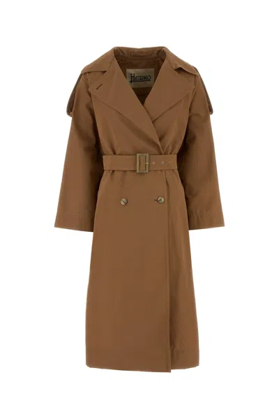 Herno Cotton Blend Trench Coat Belted Long In Brown