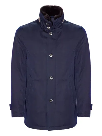 Herno Structured Blue Virgin Wool Coat With Plush Fur Collar In Black