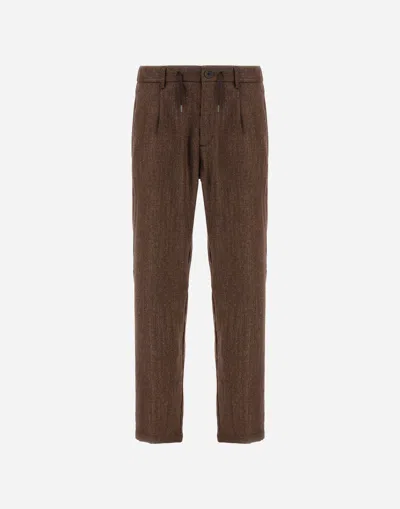 Herno Trousers In Herringbone Wool Flannel In Brown