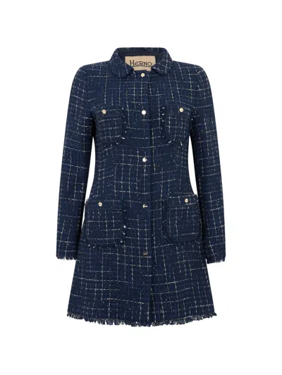 Herno Tweed Frayed-edge Coat In Blue