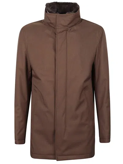 Herno Twill Carcoat With Faux Fur Lining And Double-zip Closure In Brown