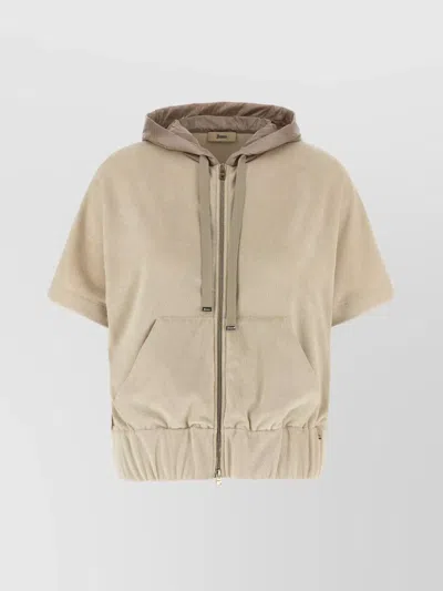 Herno Two-material Short Sleeves Hoodie In Beige