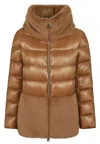Herno Ultralight Nylon Cape With Goose Down Padding And Faux Fur Trim In Brown
