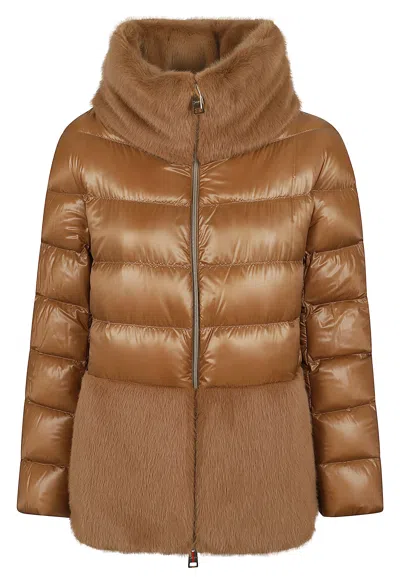 Herno Ultralight Nylon Cape With Goose Down Padding And Faux Fur Trim In Brown