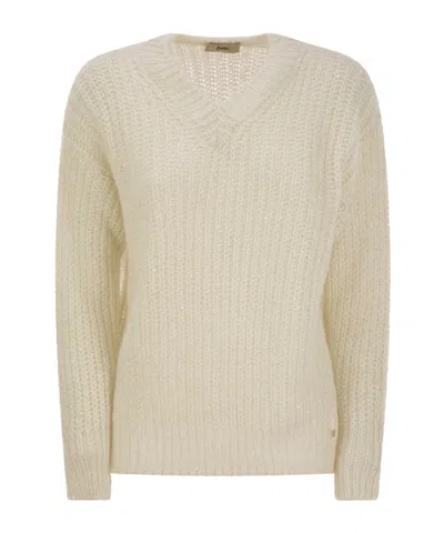 Herno V-neck Long-sleeved Sweater In White