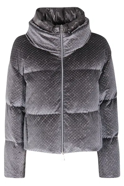 Herno Quilted Velvet Down Jacket High Neck In Gray