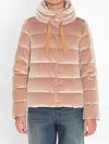 Herno Quilted Velvet Drawstring High Collar Jacket In Pink