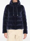 Herno Velvet Quilted Drawstring High Collar Jacket In Blue