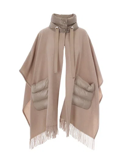 Herno Velvety Texture Wool And Cashmere Poncho With Padded Details In Pink
