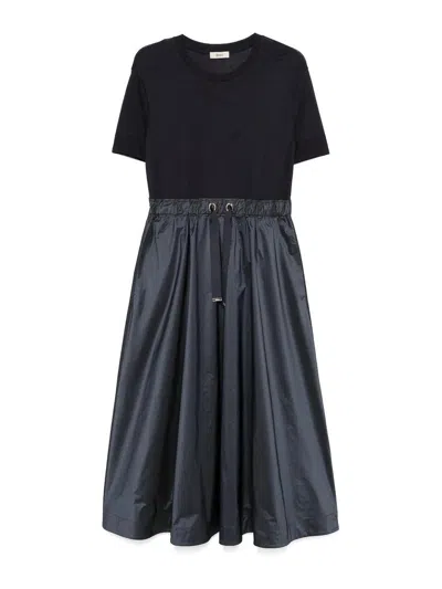 Herno Blue Crewneck Midi Dress With Elastic Drawstring Waist And Panelled Design In Multicolor
