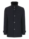 Herno Structured Blue Virgin Wool Coat With Plush Fur Collar In Black