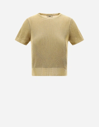 Herno Viscose Lurex Rib Jumper In Golden