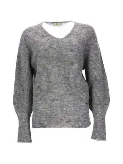 Herno Soft Knit Sweater With Balloon Sleeves And Rounded Neckline In Gray