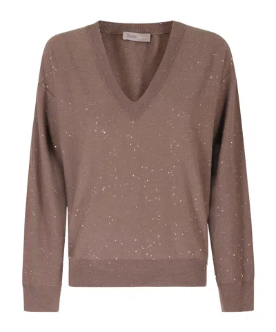 Herno Sequin-embellished V-neck Sweater In Brown