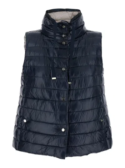 HERNO BLUE VEST WITH HIGH NECK AND BUTTONS WITH LOGO IN TECH FABRIC WOMAN