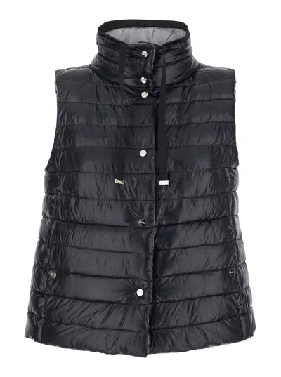 HERNO HERNO BLACK REVERSIBLE SLEEVELESS VEST WITH HIGH DRAWSTRING NECK IN TECH FABRIC WOMAN