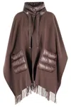 Herno Brown Cape With Drawstring Collar And Fringed Hem In Brown