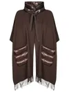 Herno Brown Cape With Drawstring Collar And Fringed Hem In Brown