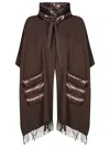 Herno Brown Cape With Drawstring Collar And Fringed Hem In Brown