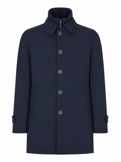 Herno Waterproof Technical Fabric Coat With Buttons And A High Collar In Blue