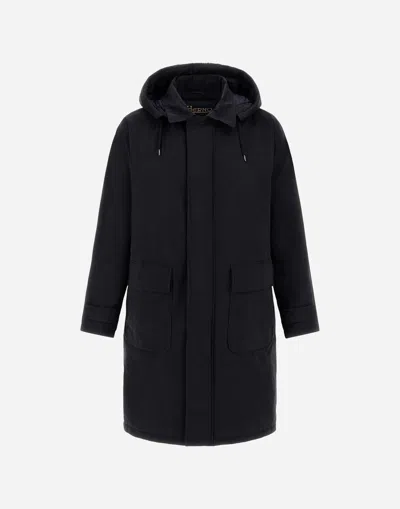 Herno Long Parka In Waxed Tech Cotton In Blue