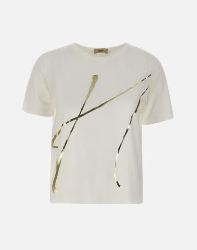 Herno White Cotton T Shirt With Gold Graphic Print In Metallic