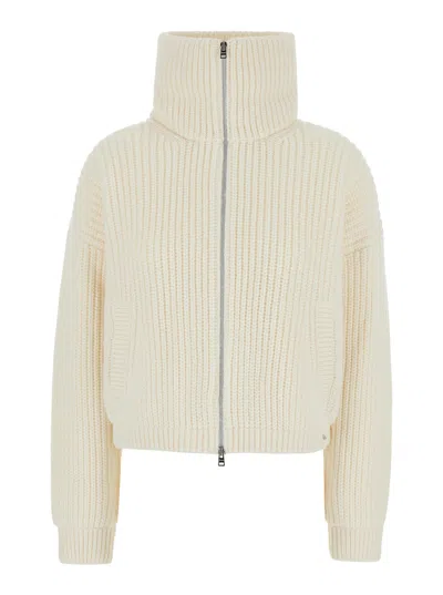 Herno White Cropped Jacket With Funnel Neck In Ribbed Wool Woman
