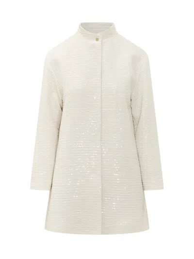 Herno White Embellished Mandarin Collar Trench Coat