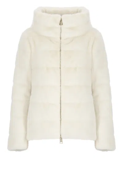 Herno White Faux Fur Quilted Down Jacket In Neutral