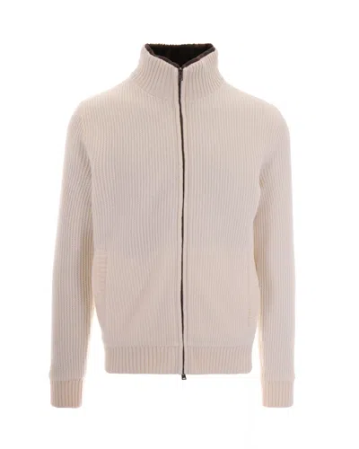Herno White Full Zip Rib-knit Wool Sweater In Neutral