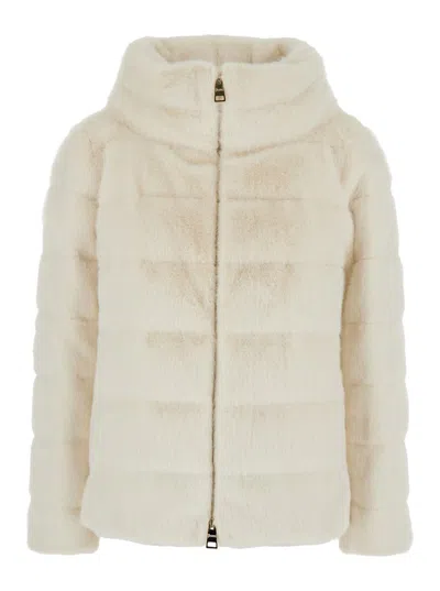 Herno White Quilted Down Jacket With Front Zip Closure In Ecofur Woman In Neutral
