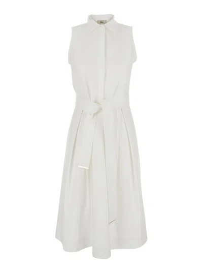 HERNO WHITE SLEEVELESS DRESS WITH CLASSIC COLLAR AND ADJUSTABLE BELT