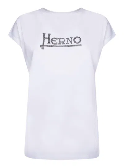 HERNO WHITE T-SHIRT WITH LOGO ON THE FRONT DECORATED WITH STUDS