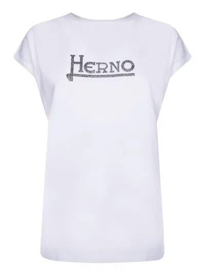 Herno White T-shirt With Logo On The Front Decorated With Studs In Cotton Woman