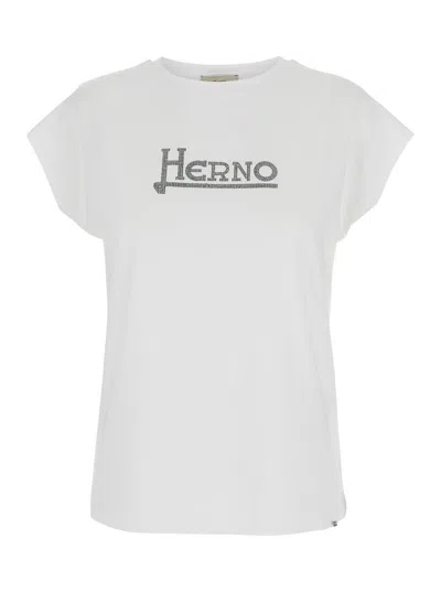 Herno White T-shirt With Logo On The Front Decorated With Studs In Cotton Woman In Gray