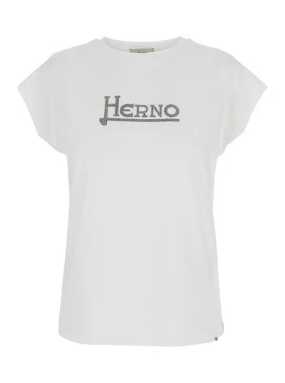 Herno White T-shirt With Logo On The Front Decorated With Studs In Cotton Woman In Multicolor