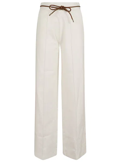 Herno Wide-leg Trousers With Leather Drawstring Belt And Fluid Cut In Neutral