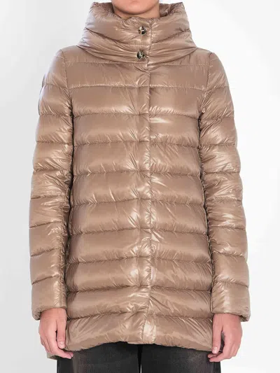 Herno Lightweight Quilted Jacket With High Collar And Flared Hem In Brown